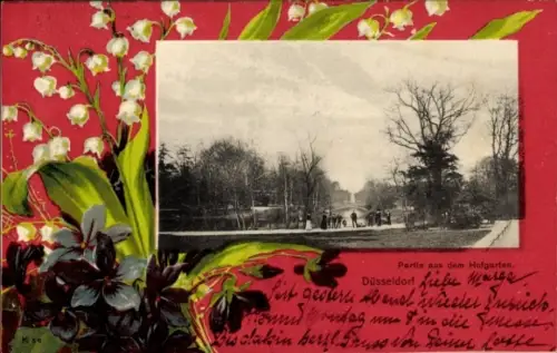 Passepartout Ak Düsseldorf am Rhein, Partie aus dem Hofgarten, Blumen