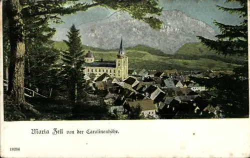 Ak Mariazell Steiermark, Durchblick zum Ort von der Carolinenhöhe
