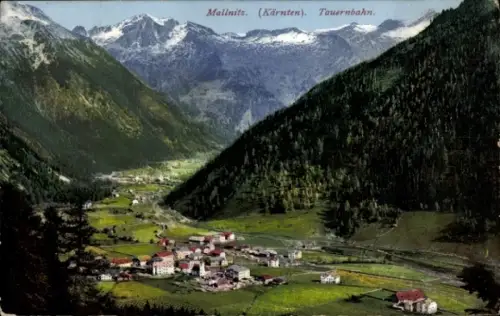 Ak Mallnitz in Kärnten, Berglandschaft, Ort  Kärnten, Tauernbahn, kleine Häuser