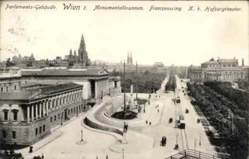 Ak Wien 1 Innere Stadt, Parlamentsgebäude, Monumentalbrunnen, Franzensring, Hofburgtheater
