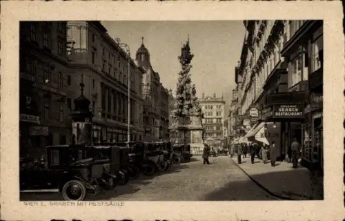 Ak Wien 1 Innere Stadt,  Graben mit Pestsäule, alte Autos, Restaurant Klein