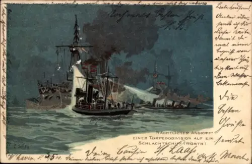 Künstler Litho Schön C., Schlachtschiff Wörth, nächtlicher Angriff einer Torpedobootsdivision