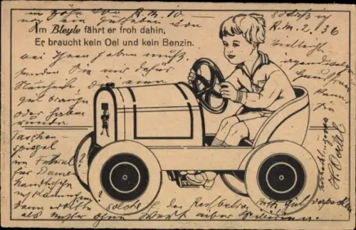 Ak Am Bleyle fährt er froh dahin, Er braucht kein Oel und kein Benzin, Auto, Reklame, Mode