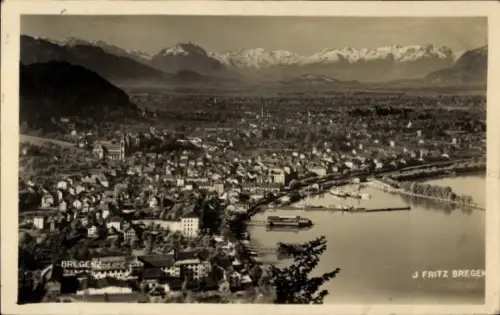 Ak Bregenz am Bodensee Vorarlberg, Blick auf  Bodensee, Berge im Hintergrund, J Fritz Bregen
