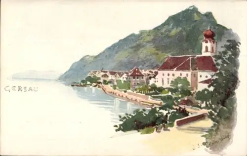 Künstler Ak Gersau Kanton Schwyz, Blick auf den Ort