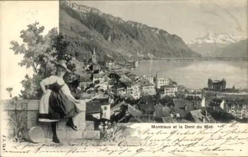 Ak Montreux Kanton Waadt Schweiz, Frau in traditioneller Tracht, Blick auf  Dent du Midi im Hinte