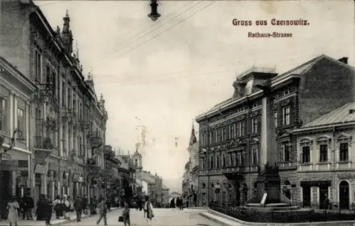 Ak Czernowitz Tschernowitz Cernăuți Ukraine, Gruss aus  Rathaus-Strasse, Straßenansicht, Menschen