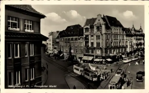 Ak Kaliningrad Königsberg Ostpreußen,  Rossgarter Markt, Straßenbahnen, Gebäude