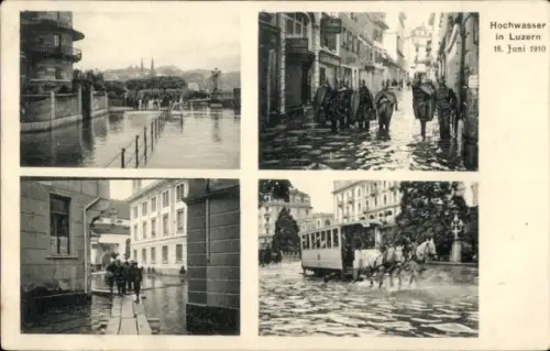 Ak Lucerne Luzern Stadt Schweiz, Hochwasser in  Fluss, überflutete Straßen, Menschen, Pferdebahn