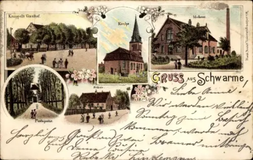 Litho Schwarme in Niedersachsen, Knüppels Gasthof, Kirche, Molkerei, Schule, Postagentur