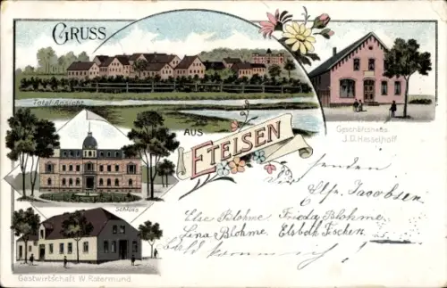 Litho Etelsen Langwedel an der Weser, Schloss, Gastwirtschaft Rotermund, Geschäftshaus Hasselhoff