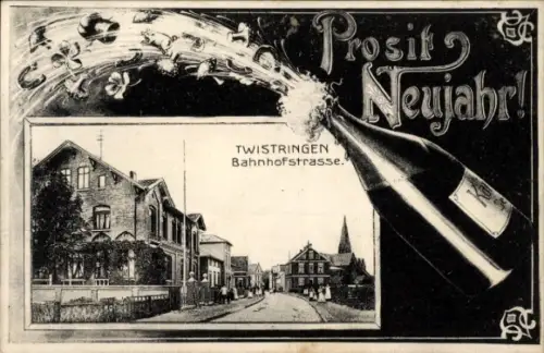Passepartout Ak Twistringen Niedersachsen, Bahnhofstraße, Fröhliches Neujahr, Sektflasche