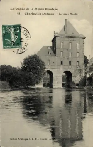 Ak Charleville Mézières Ardennes, Vorderansicht eines alten Mühlgebäudes, Fluss, Poststempel