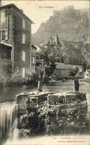 Ak Florac Lozère, Schwarz-Weiß-Foto, Wasserfall, Gebäude, Berge, Fluss