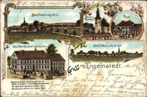 Litho Engelnstedt Salzgitter in Niedersachsen, Gastwirt Almstedt, Kirche, Pfarrhaus, Post