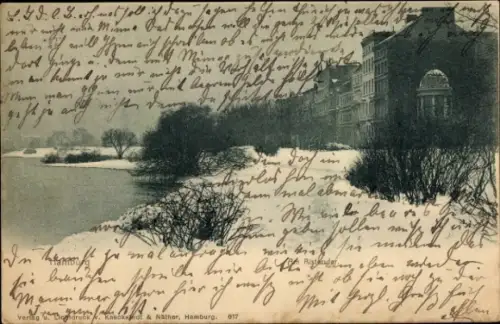 Ak Hamburg Mitte Altstadt, Schneelandschaft, Fluss, s Gebäude, handgeschriebene Nachricht