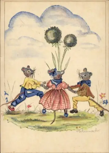 Künstler Ak Schumacher, M., Vermenschlichte Mäuse tanzen um Blumen