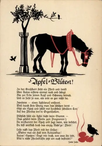 Ak Gedicht Apfel-Blüten, Pferd, Vögel