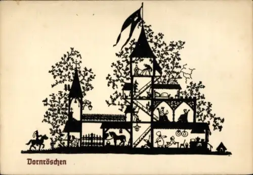 Scherenschnitt Ak Märchen, Gebrüder Grimm, Dornröschen, Schloss