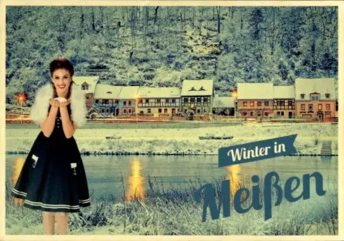 Ak Meißen an der Elbe, Gesamtansicht, Winter, Häuser, Frau