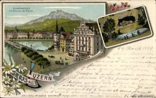 Litho Luzern Stadt Schweizm Schwanenplatz, Pilatus, Löwendenkmal