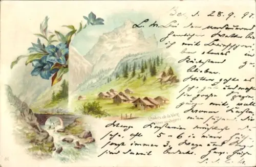 Litho Kanton Waadt Schweiz, Chalets de la Vare, Alpen, Brücke