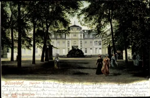 Ak Düsseldorf am Rhein,  Jägerhof, Parklandschaft, Personen in r Kleidung