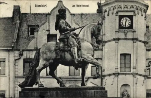 Ak Düsseldorf am Rhein, Reiterstatue, Jan Wellem-Denkmal, Uhrturm, Düsseldorf