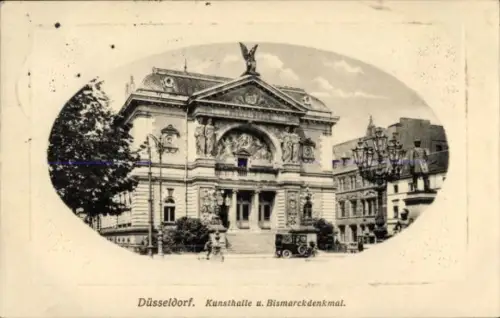 Ak Düsseldorf am Rhein,  Kunsthalle, Bismarckdenkmal, 5 Pfennig