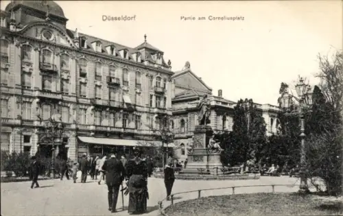 Ak Düsseldorf am Rhein,  Partie am Corneliusplatz, Statue, Menschen, Bäume
