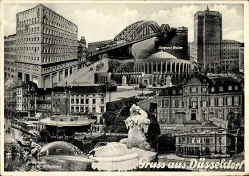 Ak Düsseldorf am Rhein, Märchenbrunnen, Jägerhof, Wilhelm-Marx-Haus