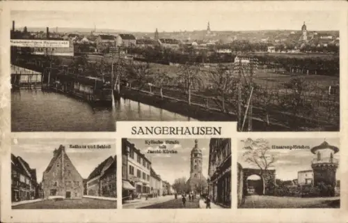 Ak Sangerhausen am Harz, Panoramaansicht,  Rathaus, Jacobi-Kirche, Hasarenpförtchen