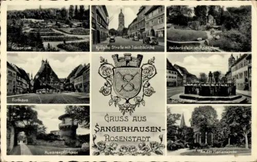 Ak Sangerhausen am Harz, Verschiedene Ansichten von  Wappen, Gruss aus Sangerhausen-Rosenstadt