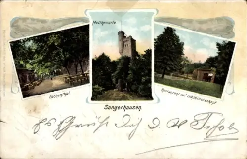 Ak Sangerhausen am Harz, Drei Ansichten: Moltkewarte, Eschenthal, Restaurant auf Schlosschenkopf