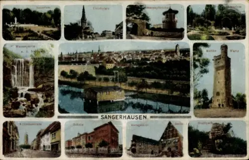 Ak Sangerhausen am Harz, Verschiedene Ansichten von  Wasserpartie, Ulrichplatz, Moltkewarte, Stad