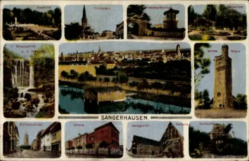 Ak Sangerhausen am Harz, Verschiedene Ansichten von  Wasserfall, Rosarium, Stadtpark