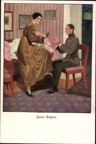 Künstler Ak Wennerberg, B., Zarte Fesseln, Soldat hilft Frau beim Aufwickeln von Strickgarn