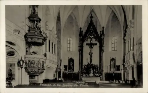 Ak Pernegg an der Mur Steiermark, Innere der Kirche, Kreuz, Altar, religiöse Darstellungen