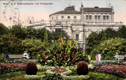 Ak Wien 1 Innere Stadt,  K.K. Hofburgtheater, Volksgarten, Blumenbeete, Menschen