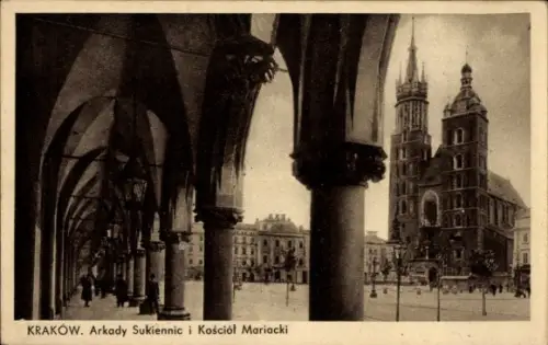 Ak Kraków Krakau Polen,  Arkady Sukiennic, Kościół Mariacki,  