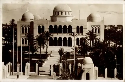 Ak Tripolis Tripoli Libyen, Palazzina del Governatore, Palmen, Schwarz-Weiß-Foto
