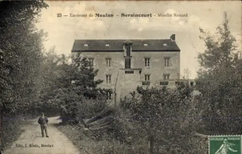 Ak Meulan en Yvelines, Moulin Renard, Landschaft, Baumreihe, Mann in der Nähe