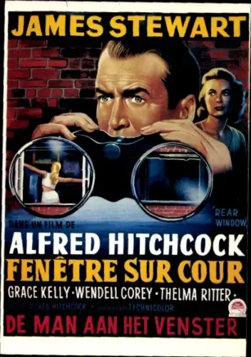 Ak Schauspieler James Stewart, Alfred Hitchcock, Film Fenetre sur Cour, Fernglas