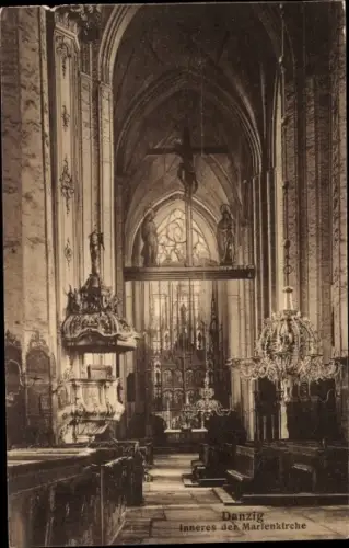 Ak Gdańsk Danzig, Blick in das Innere der Marienkirche, Kanzel