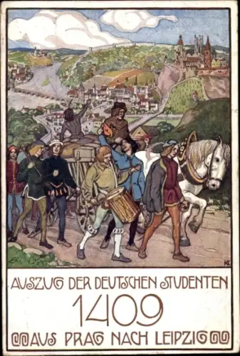 Studentika Ak Auszug der Deutschen Studenten aus Prag nach Leipzig 1409