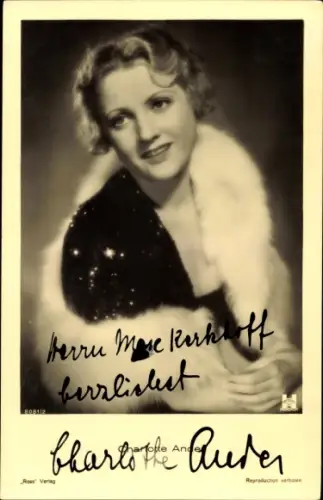 Ak Schauspielerin Charlotte Ander, Portrait, Autogramm, Pelzschal