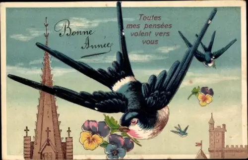 Präge Ak Toutes mes pensées volent vers vous, Schwalbe, Blumen
