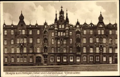 Ak Wiesbaden in Hessen, Hospiz zum Heiligen Geist und Marienhaus, Frontansicht