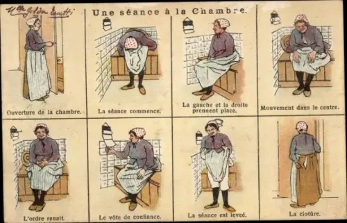 Ak Un eseance a la chambre, Bildergeschichte, Frau geht auf die Toilette