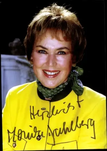 Autogrammkarte Schauspielerin und Sängerin Monika Dahlberg, Portrait, Autogramm